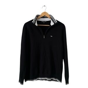 Michael Kors Men’s 1/4 Zip Rib Knit Cotton Sweater Black White Trim L